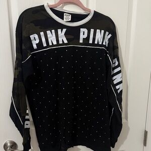 PINK Victoria's Secret Black and White camouflage rhinestone Tee